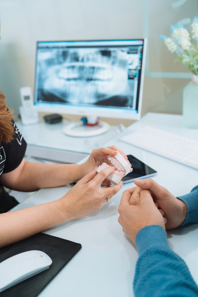 Zwei Personen in einem Behandlungsraum betrachten ein Modell von Zähnen, während im Hintergrund ein Computerbildschirm mit Röntgenbildern sichtbar ist.